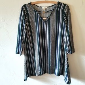 Striped V-Neck Blouse - Blue and White